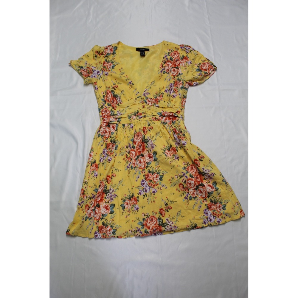 Forever 21 Yellow Floral V-Neck Mini Dress Short Sleeve Pleated Waist Small